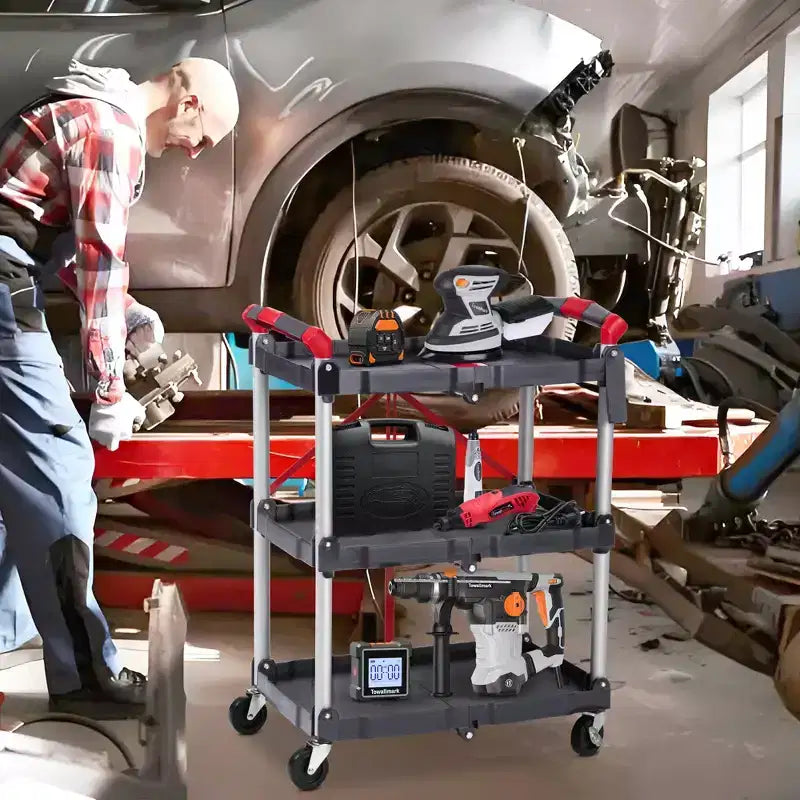 Utility Cart Rolling, 3-Tier Foldable Service Cart w/Lockable Wheels & 168LBS Capacity, Collapsible Trolley for Home Office Garage Warehouse