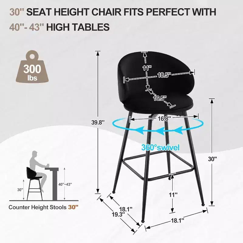 Bekrvio 30 Swivel Bar Height Bar Stools Set of 2/3/4, Modern Velvet Barstools with Curved Back & Metal Frame, Bar Chairs for Kitchen Island, Home Pub