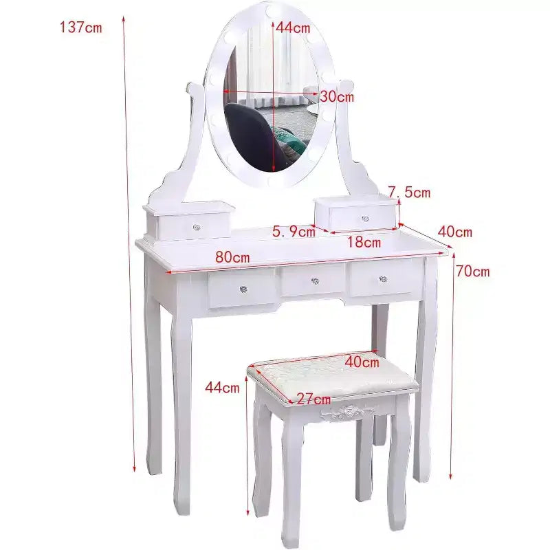 Modern Makeup Vanity Desk  LED Mirror, 5 Storage Drawers, Plush Stool, Convertible Design, Quick Assembly