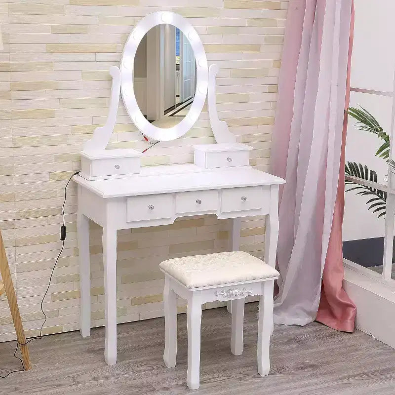 Modern Makeup Vanity Desk  LED Mirror, 5 Storage Drawers, Plush Stool, Convertible Design, Quick Assembly