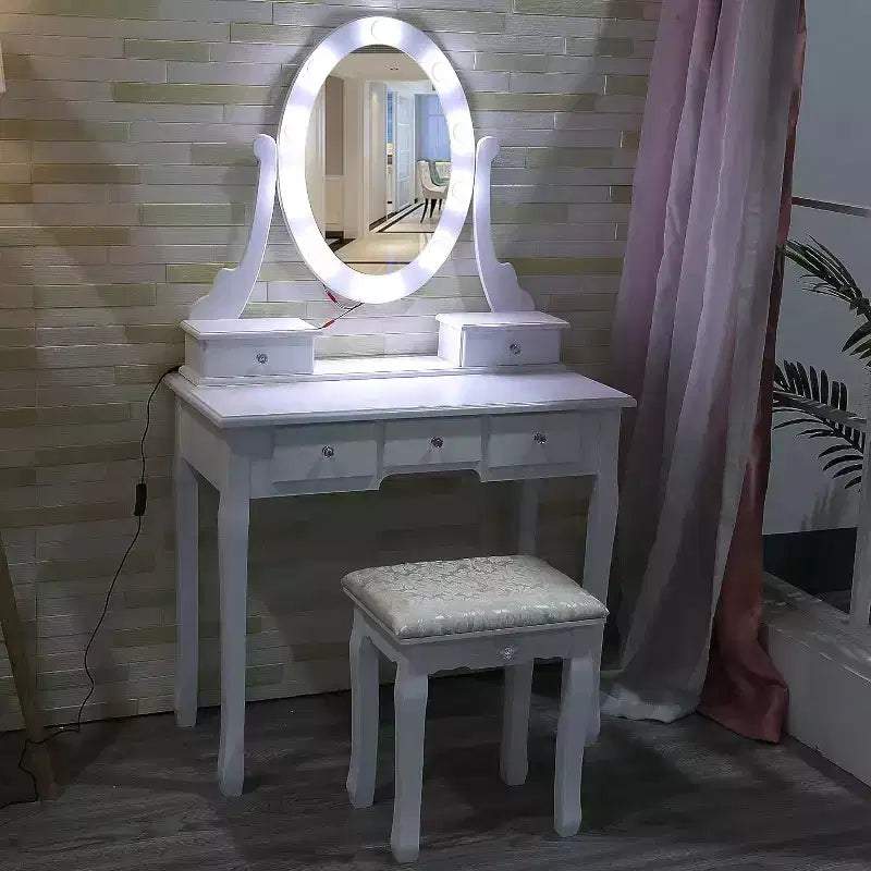 Modern Makeup Vanity Desk  LED Mirror, 5 Storage Drawers, Plush Stool, Convertible Design, Quick Assembly