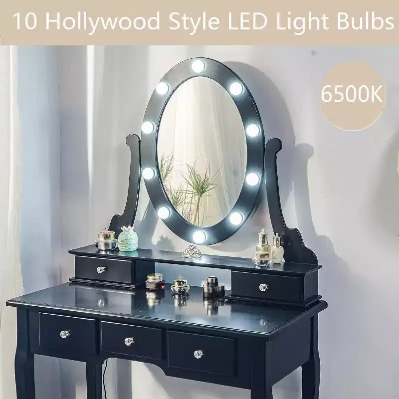 Modern Makeup Vanity Desk  LED Mirror, 5 Storage Drawers, Plush Stool, Convertible Design, Quick Assembly