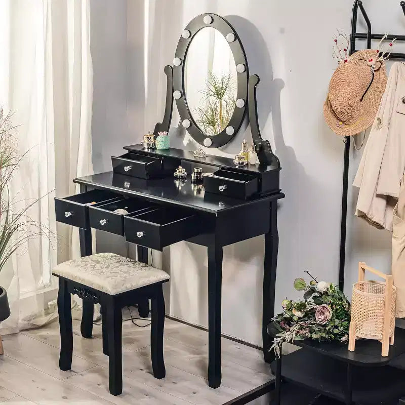 Modern Makeup Vanity Desk  LED Mirror, 5 Storage Drawers, Plush Stool, Convertible Design, Quick Assembly