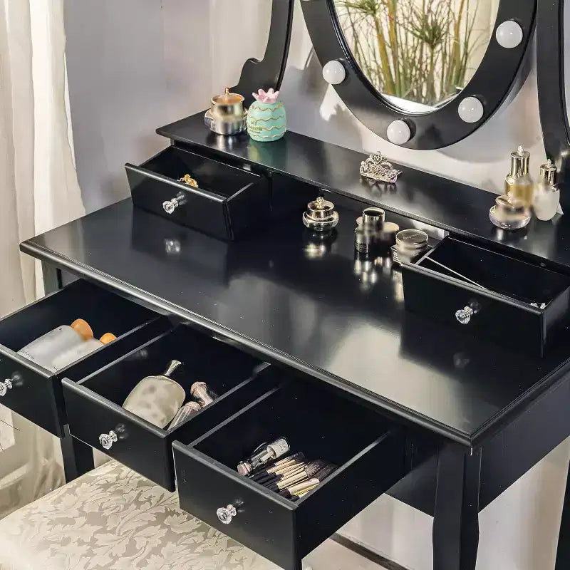 Modern Makeup Vanity Desk  LED Mirror, 5 Storage Drawers, Plush Stool, Convertible Design, Quick Assembly