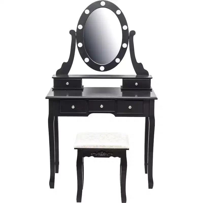 Modern Makeup Vanity Desk  LED Mirror, 5 Storage Drawers, Plush Stool, Convertible Design, Quick Assembly