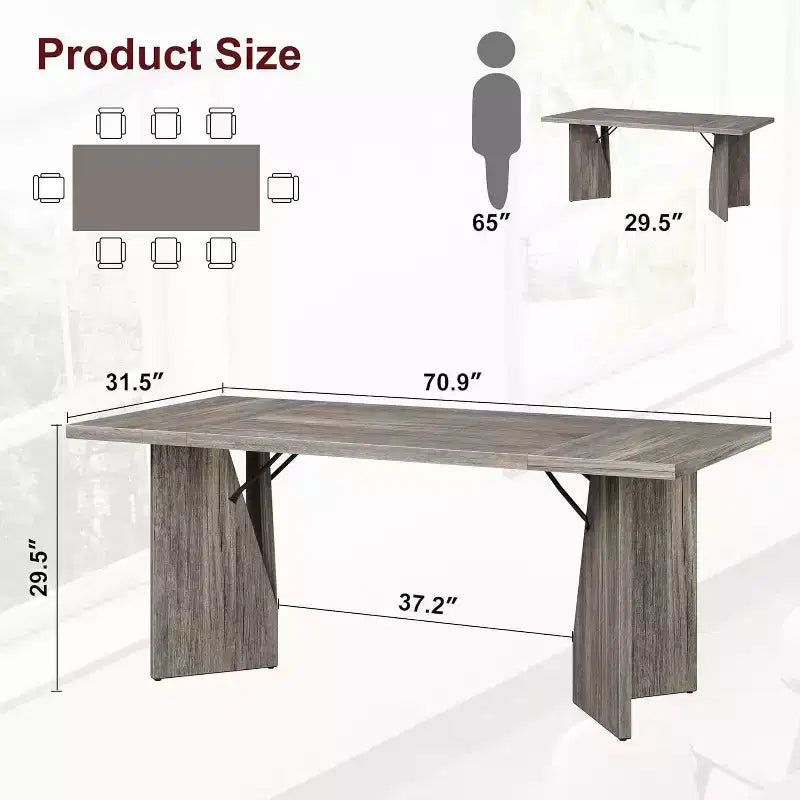 70.9 Farmhouse Dining Table - Seats 6, Solid Wood Rectangular Table for Kitchen & Dining Room
