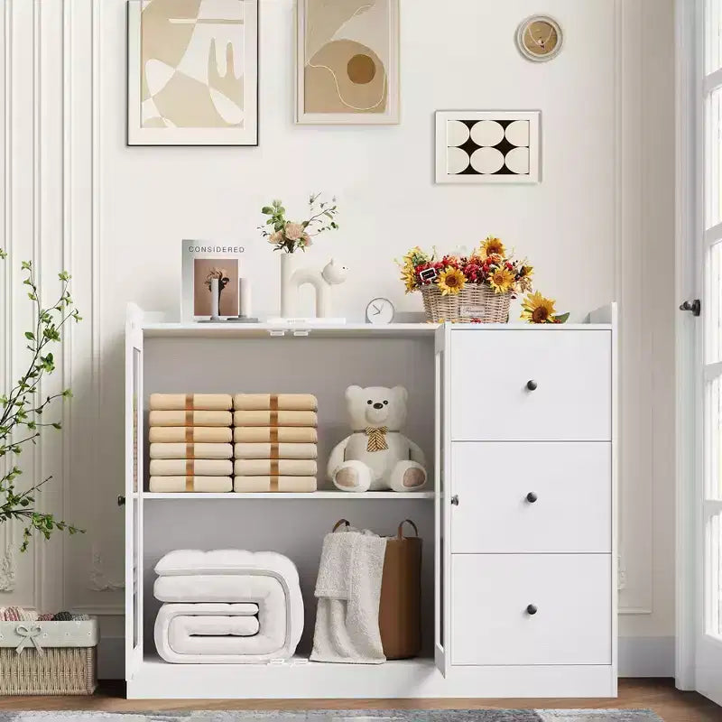 White 43 Buffet Sideboard Cabinet & Storage Dresser with Guardrail Design, Adjustable Shelves and 3 Drawers for Kitchen, Dining & Living Room