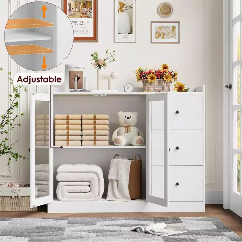 White 43 Buffet Sideboard Cabinet & Storage Dresser with Guardrail Design, Adjustable Shelves and 3 Drawers for Kitchen, Dining & Living Room