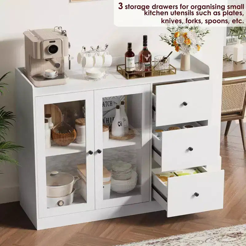 White 43 Buffet Sideboard Cabinet & Storage Dresser with Guardrail Design, Adjustable Shelves and 3 Drawers for Kitchen, Dining & Living Room