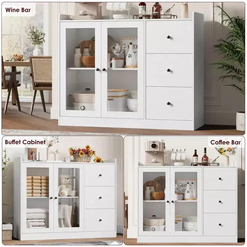 White 43 Buffet Sideboard Cabinet & Storage Dresser with Guardrail Design, Adjustable Shelves and 3 Drawers for Kitchen, Dining & Living Room