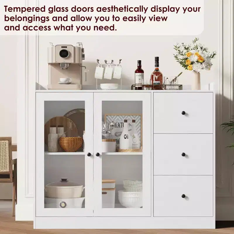 White 43 Buffet Sideboard Cabinet & Storage Dresser with Guardrail Design, Adjustable Shelves and 3 Drawers for Kitchen, Dining & Living Room