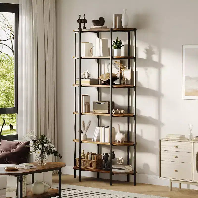 Industrial 6-Tier Oval Bookshelf, Rustic Brown Wooden & Metal Frame Tall Bookcase, Open Display Shelf Racks, Standing Bookcase
