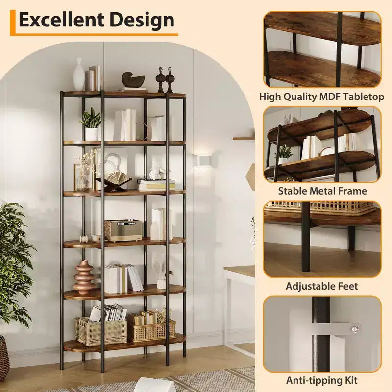 Industrial 6-Tier Oval Bookshelf, Rustic Brown Wooden & Metal Frame Tall Bookcase, Open Display Shelf Racks, Standing Bookcase