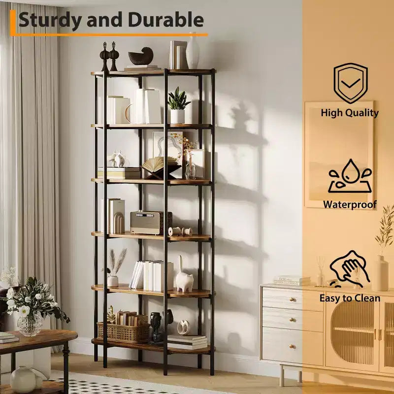Industrial 6-Tier Oval Bookshelf, Rustic Brown Wooden & Metal Frame Tall Bookcase, Open Display Shelf Racks, Standing Bookcase