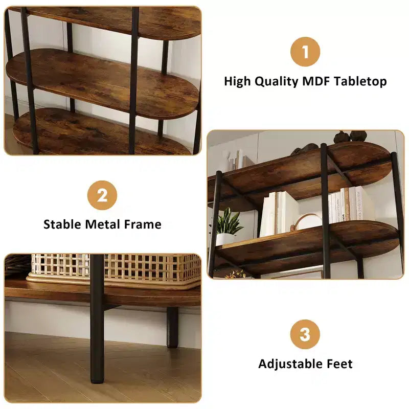 Industrial 6-Tier Oval Bookshelf, Rustic Brown Wooden & Metal Frame Tall Bookcase, Open Display Shelf Racks, Standing Bookcase