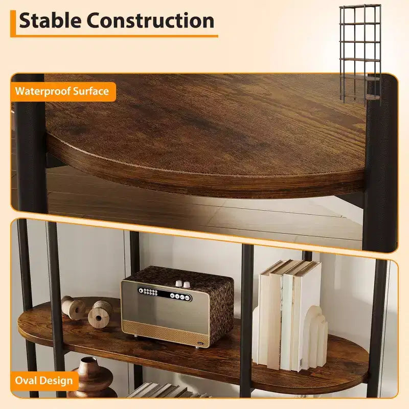 Industrial 6-Tier Oval Bookshelf, Rustic Brown Wooden & Metal Frame Tall Bookcase, Open Display Shelf Racks, Standing Bookcase