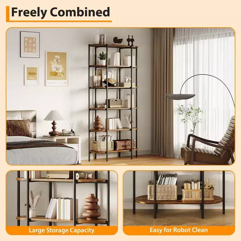 Industrial 6-Tier Oval Bookshelf, Rustic Brown Wooden & Metal Frame Tall Bookcase, Open Display Shelf Racks, Standing Bookcase