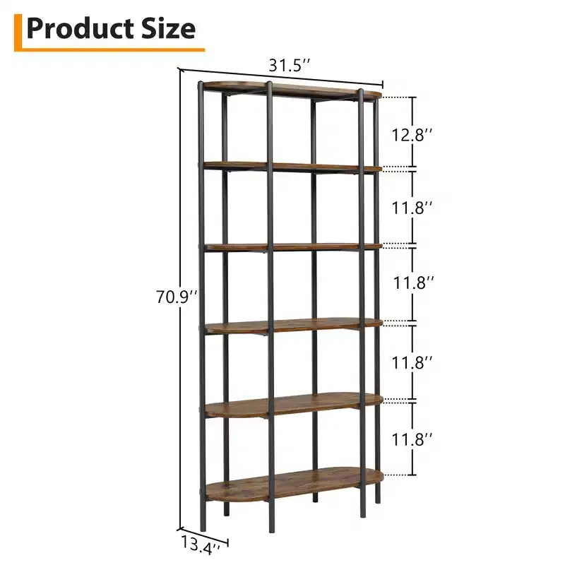 Industrial 6-Tier Oval Bookshelf, Rustic Brown Wooden & Metal Frame Tall Bookcase, Open Display Shelf Racks, Standing Bookcase