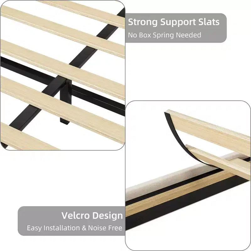 Platform Bed Frame, Modern Upholstered Bed Frame with Adjustable Headboard, Built-In Charging Station, Diamond Stitched Button Tufted