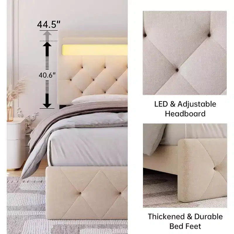 Platform Bed Frame, Modern Upholstered Bed Frame with Adjustable Headboard, Built-In Charging Station, Diamond Stitched Button Tufted