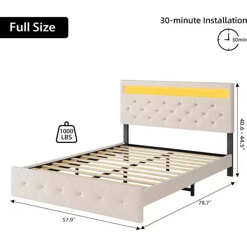 Platform Bed Frame, Modern Upholstered Bed Frame with Adjustable Headboard, Built-In Charging Station, Diamond Stitched Button Tufted