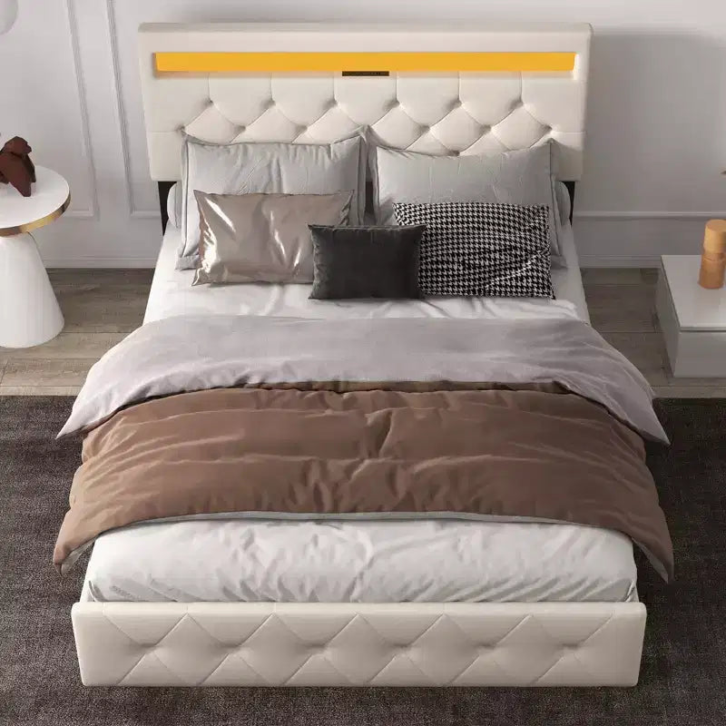 Platform Bed Frame, Modern Upholstered Bed Frame with Adjustable Headboard, Built-In Charging Station, Diamond Stitched Button Tufted