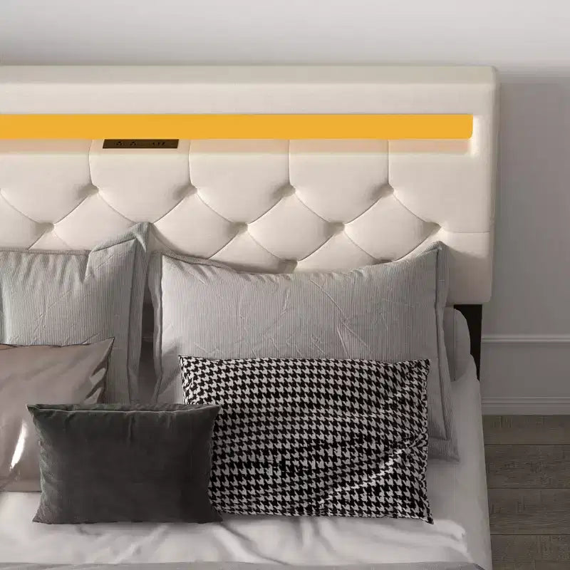 Platform Bed Frame, Modern Upholstered Bed Frame with Adjustable Headboard, Built-In Charging Station, Diamond Stitched Button Tufted