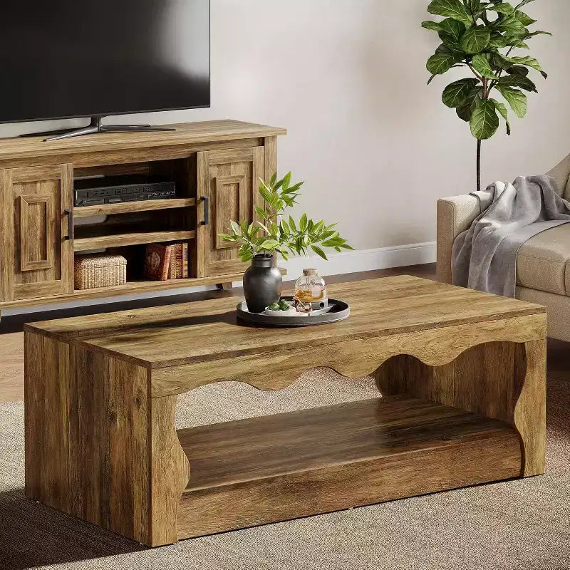 Lantine 47.24-Inch Wooden Coffee Table, 2-Tier Rectangular Accent Center Low Cocktail Tea Table with Open Storage Shelf for Living Room