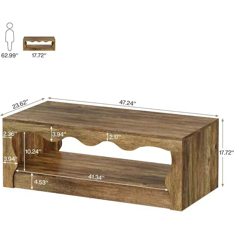 Lantine 47.24-Inch Wooden Coffee Table, 2-Tier Rectangular Accent Center Low Cocktail Tea Table with Open Storage Shelf for Living Room