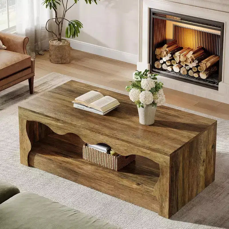 Lantine 47.24-Inch Wooden Coffee Table, 2-Tier Rectangular Accent Center Low Cocktail Tea Table with Open Storage Shelf for Living Room