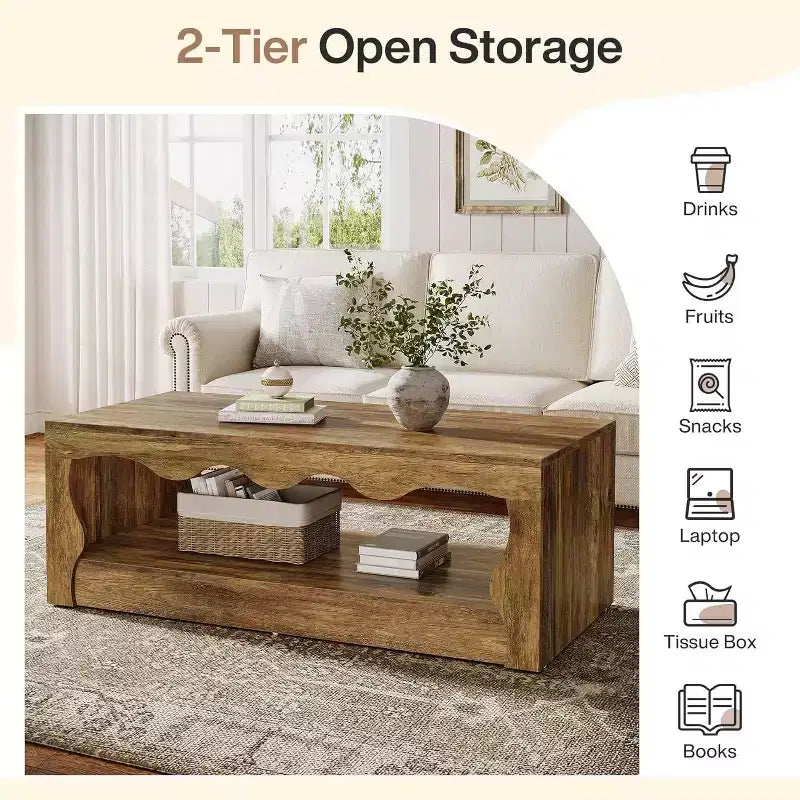 Lantine 47.24-Inch Wooden Coffee Table, 2-Tier Rectangular Accent Center Low Cocktail Tea Table with Open Storage Shelf for Living Room
