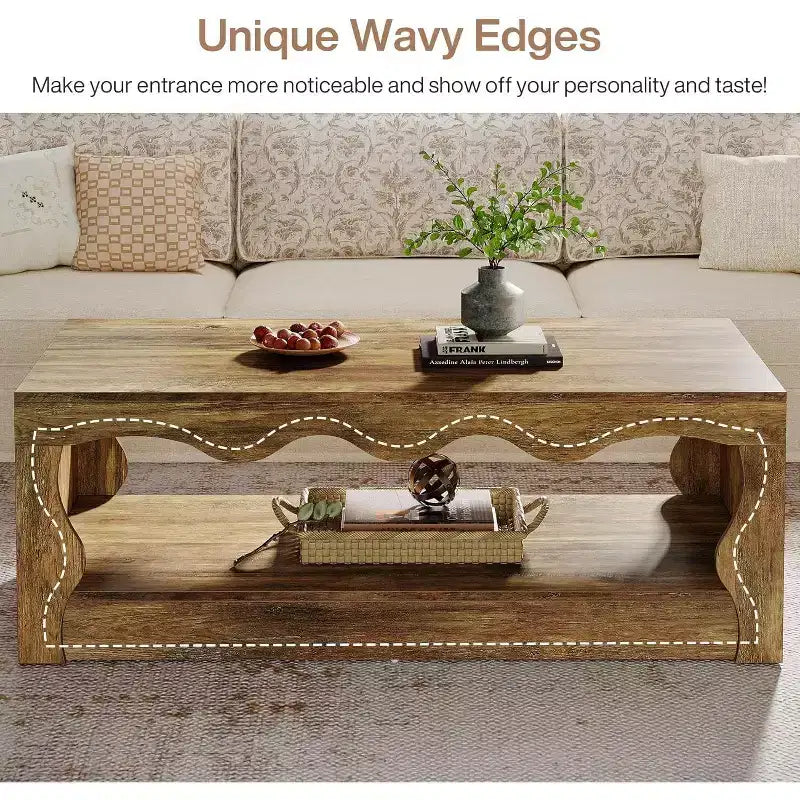 Lantine 47.24-Inch Wooden Coffee Table, 2-Tier Rectangular Accent Center Low Cocktail Tea Table with Open Storage Shelf for Living Room