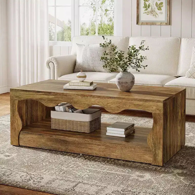 Lantine 47.24-Inch Wooden Coffee Table, 2-Tier Rectangular Accent Center Low Cocktail Tea Table with Open Storage Shelf for Living Room