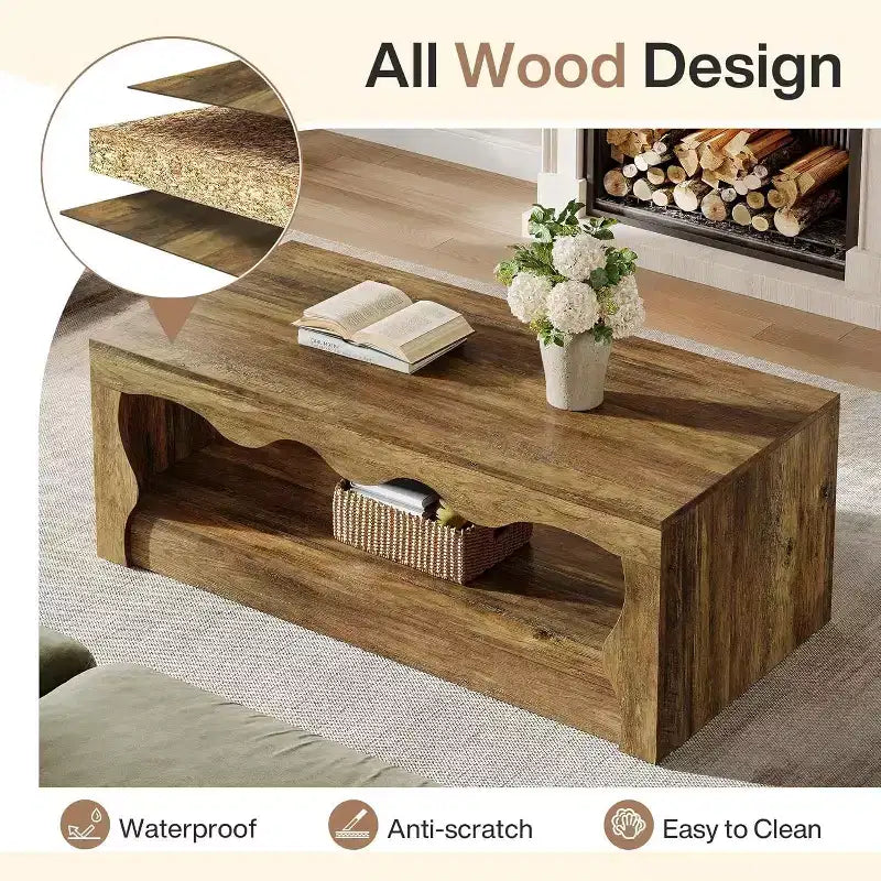 Lantine 47.24-Inch Wooden Coffee Table, 2-Tier Rectangular Accent Center Low Cocktail Tea Table with Open Storage Shelf for Living Room