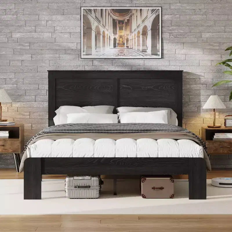 Bed Frame, Full/Queen/King Size Wood Platform, Noise Free,No Box Spring Needed and Easy Assembly Tool,Large Under Bed Storage,Dark Black