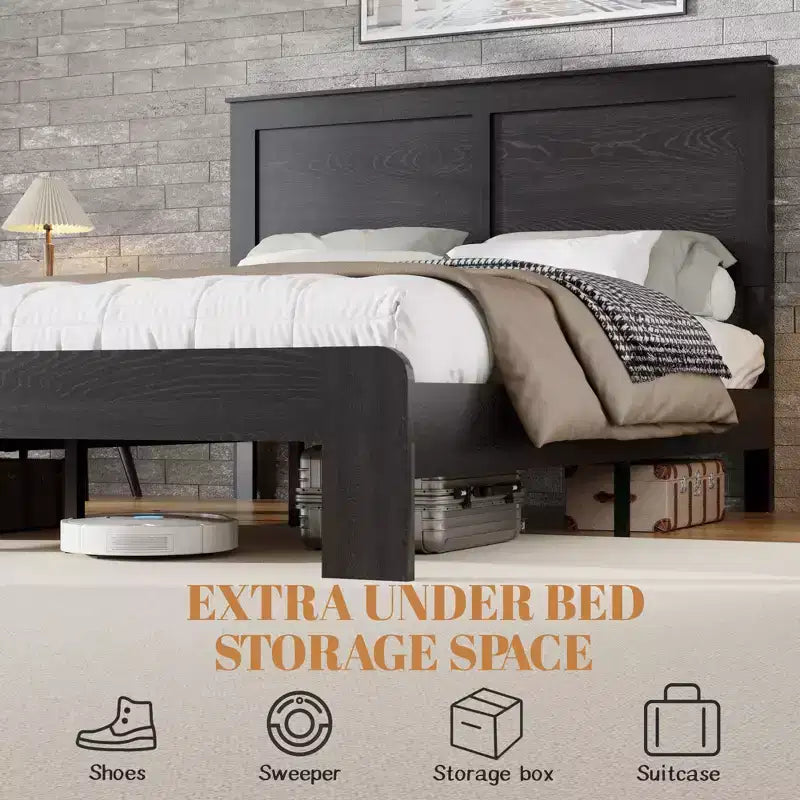 Bed Frame, Full/Queen/King Size Wood Platform, Noise Free,No Box Spring Needed and Easy Assembly Tool,Large Under Bed Storage,Dark Black