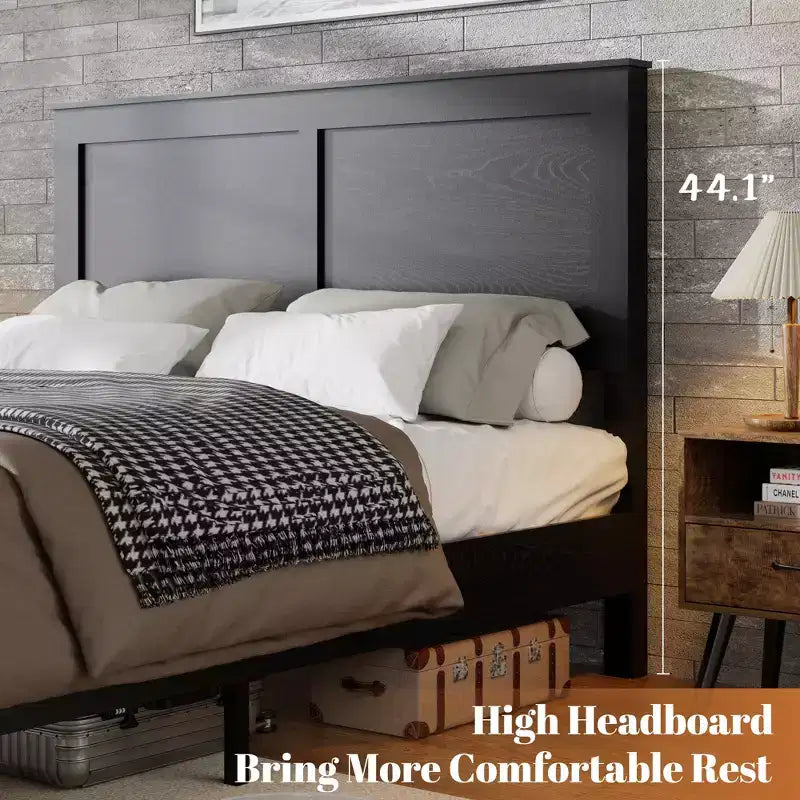 Bed Frame, Full/Queen/King Size Wood Platform, Noise Free,No Box Spring Needed and Easy Assembly Tool,Large Under Bed Storage,Dark Black