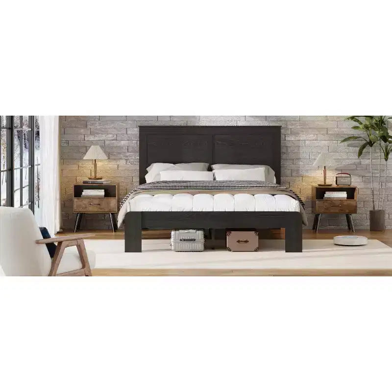 Bed Frame, Full/Queen/King Size Wood Platform, Noise Free,No Box Spring Needed and Easy Assembly Tool,Large Under Bed Storage,Dark Black
