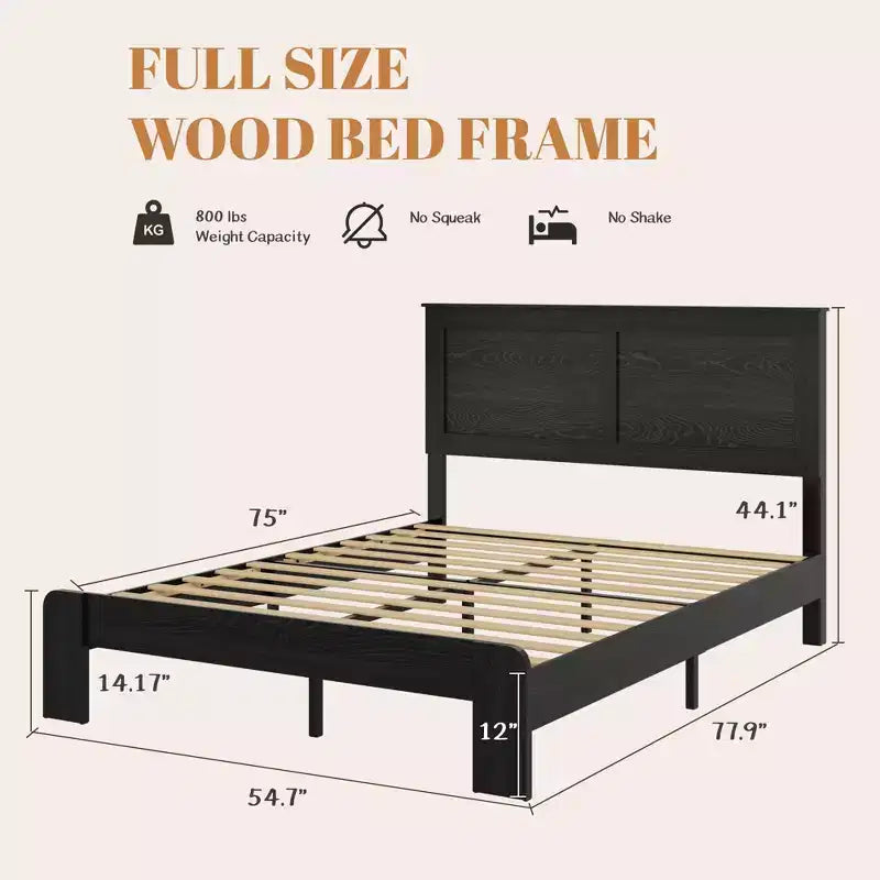 Bed Frame, Full/Queen/King Size Wood Platform, Noise Free,No Box Spring Needed and Easy Assembly Tool,Large Under Bed Storage,Dark Black