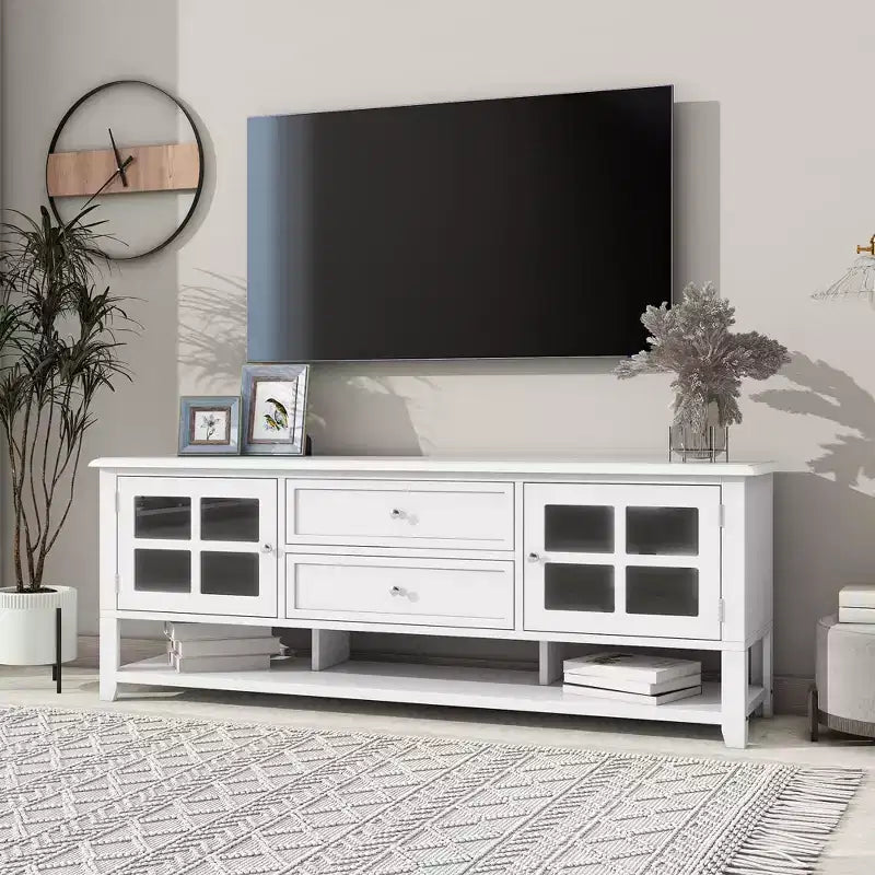 TROPOW Mid-Century Modern TV Stand for 60 inch TV with Multi-Functional Storage Space Media Console for Living Room Bedroom and Office WHITE