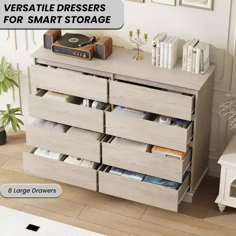 COZONY 51 Wide 8-Drawer Double Dresser  Large Horizontal Chest with Deep Drawers & Wide Top for Bedroom, Closet, Living Room & Hallway