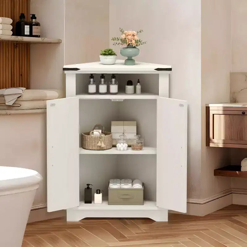GustoWave Corner Bathroom Cabinet, Small Corner Cabinet with Barn Doors & Adjustable Shelf, Farmhouse Bathroom Table with Storage for Small Spaces