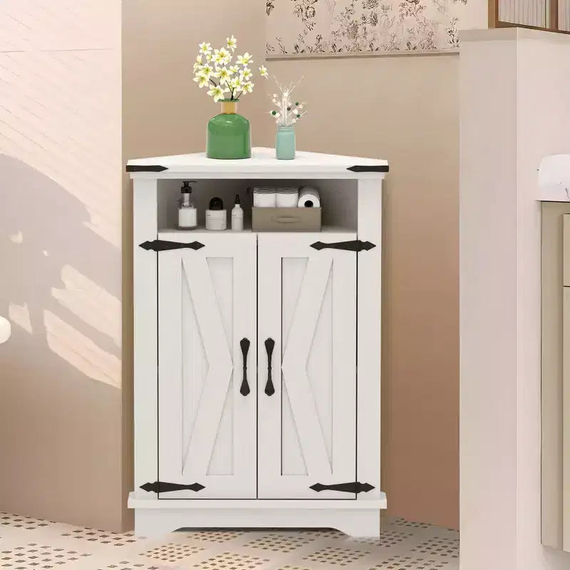 GustoWave Corner Bathroom Cabinet, Small Corner Cabinet with Barn Doors & Adjustable Shelf, Farmhouse Bathroom Table with Storage for Small Spaces