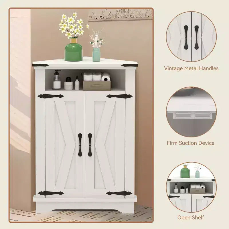 GustoWave Corner Bathroom Cabinet, Small Corner Cabinet with Barn Doors & Adjustable Shelf, Farmhouse Bathroom Table with Storage for Small Spaces