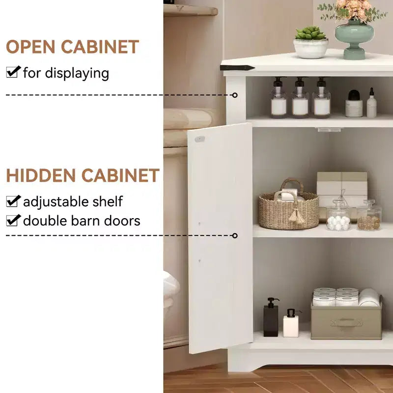 GustoWave Corner Bathroom Cabinet, Small Corner Cabinet with Barn Doors & Adjustable Shelf, Farmhouse Bathroom Table with Storage for Small Spaces