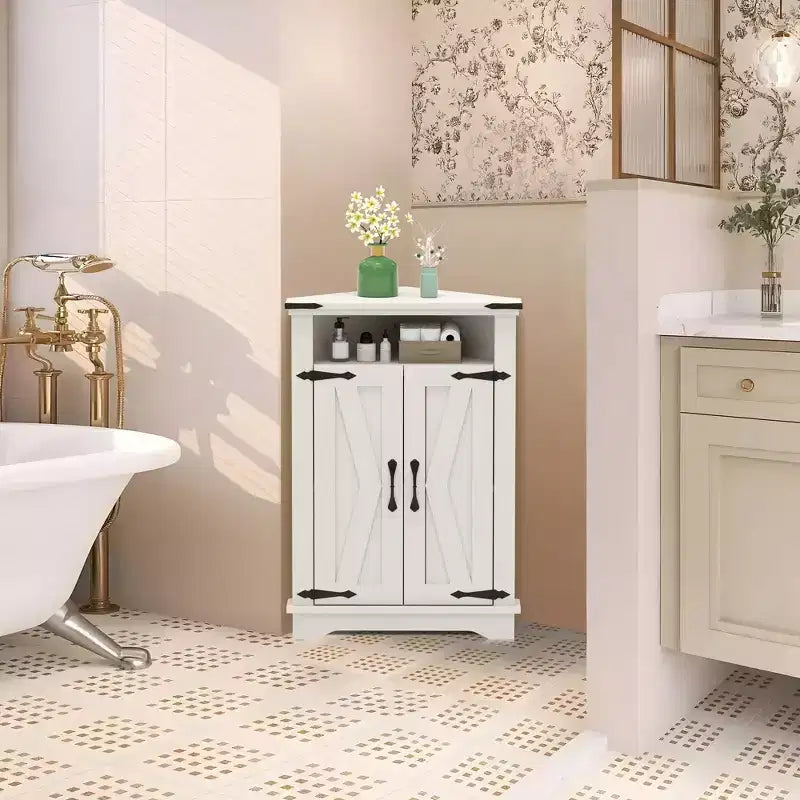 GustoWave Corner Bathroom Cabinet, Small Corner Cabinet with Barn Doors & Adjustable Shelf, Farmhouse Bathroom Table with Storage for Small Spaces