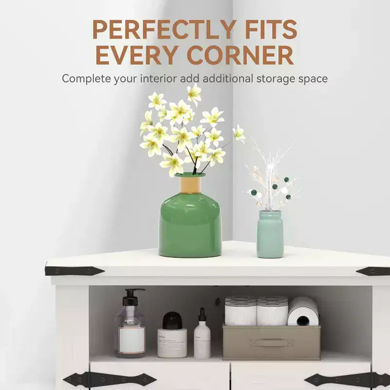 GustoWave Corner Bathroom Cabinet, Small Corner Cabinet with Barn Doors & Adjustable Shelf, Farmhouse Bathroom Table with Storage for Small Spaces