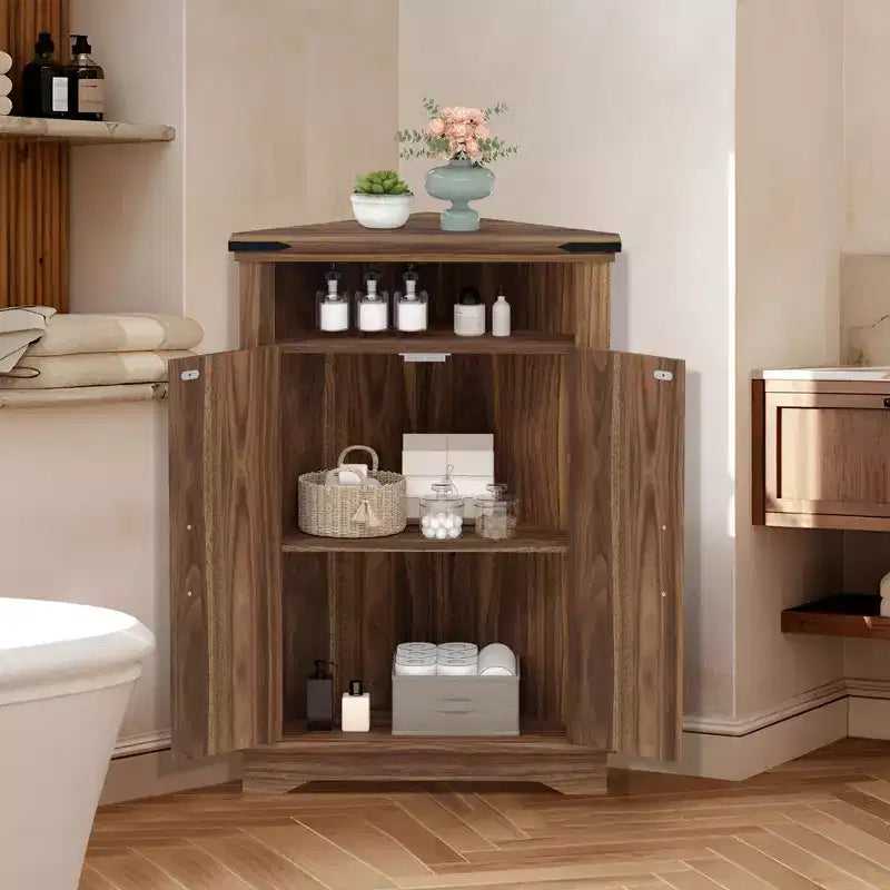 GustoWave Corner Bathroom Cabinet, Small Corner Cabinet with Barn Doors & Adjustable Shelf, Farmhouse Bathroom Table with Storage for Small Spaces