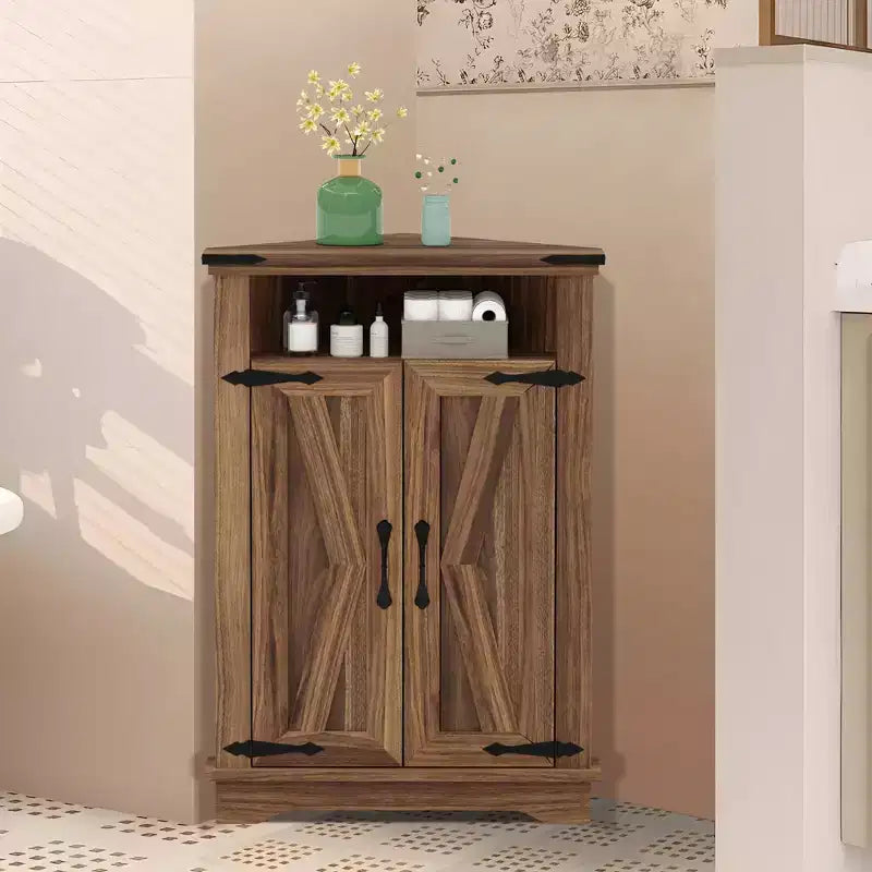 GustoWave Corner Bathroom Cabinet, Small Corner Cabinet with Barn Doors & Adjustable Shelf, Farmhouse Bathroom Table with Storage for Small Spaces