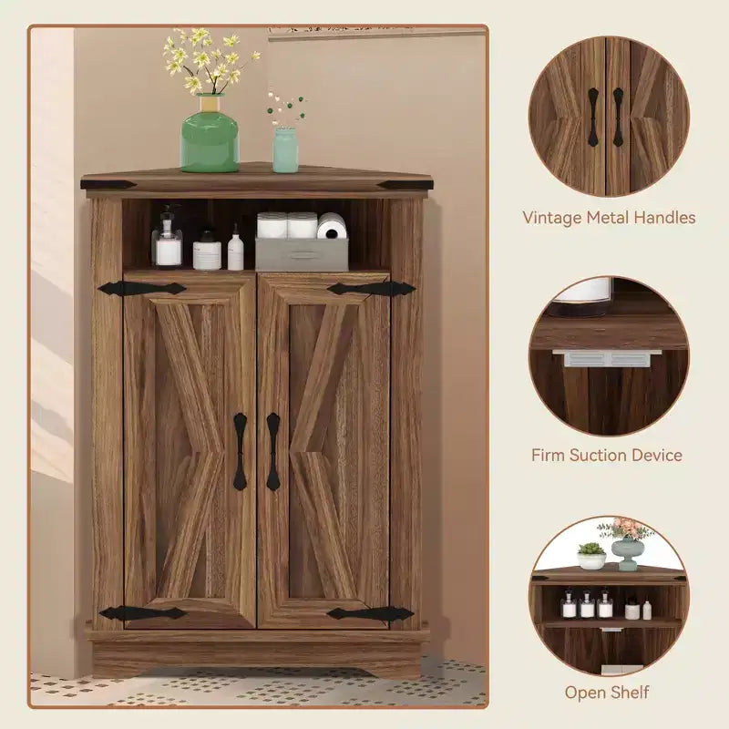 GustoWave Corner Bathroom Cabinet, Small Corner Cabinet with Barn Doors & Adjustable Shelf, Farmhouse Bathroom Table with Storage for Small Spaces